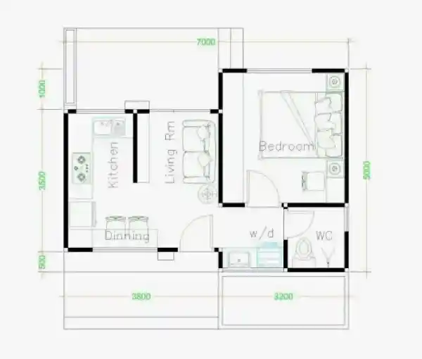 Denah Rumah 5x7 1 Kamar untuk Pengantin Baru